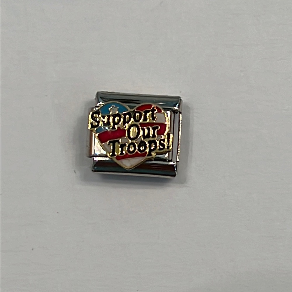 Single Stainless  steel and enamel “Support our Troops  Italian charms 9 mm.